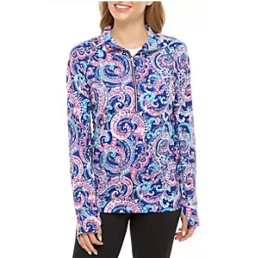 Crown & Ivy Womens Small 1/4 Zip Pullover Blue Pink Paisley Long Sleeve Top